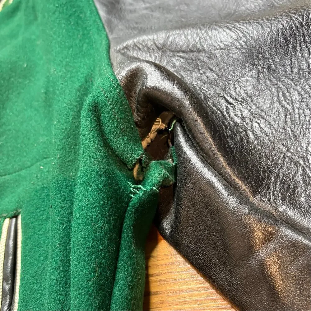 Vintage Kaye Bros Green Wool Leather Sleeve Varsity Letterman Jacket USA M